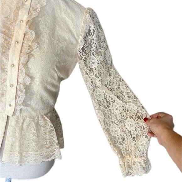 Vintage Herman Marcus Cream Lace Victorian Peplum Blouse Long Sleeves - Picture 4 of 11